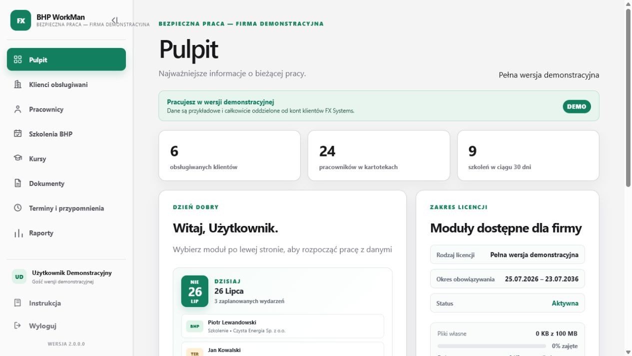 Pulpit pełnej wersji demonstracyjnej systemu FX BHP WorkMan
